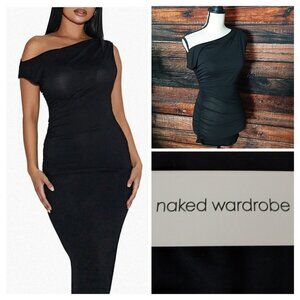 NWT Naked Wardrobe Top M Black Modal Ruched Draped One Shoulder